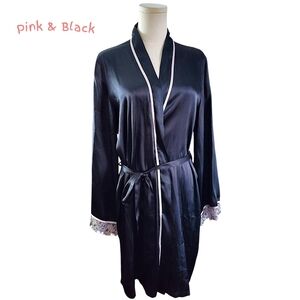 Elegant Black Satin Robe with White Trim